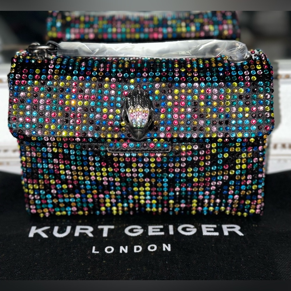 Kurt Geiger London Black Fabric Multicolor Rhinestone Medium Crossbody Bag